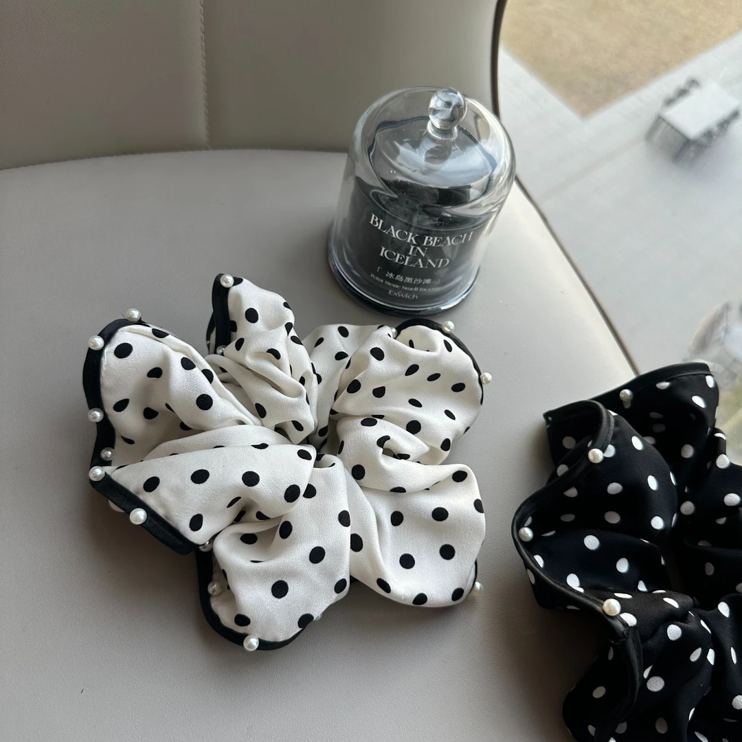 韩国新款复古黑白波点珍珠发圈大肠圈法式甜美高级感低马尾头绳