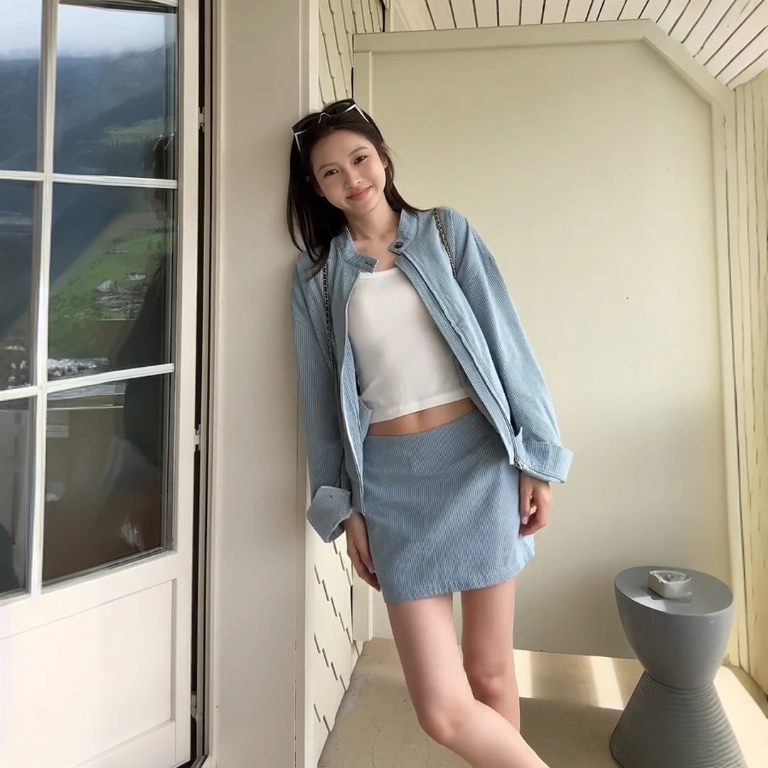 韩系慵懒风套装女夏季宽松休闲蓝白条纹长袖衬衫气质半身裙两件套