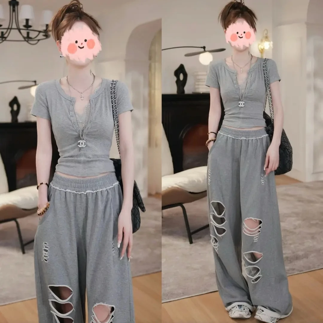 2025夏季显瘦假两件蕾丝拼接短袖T恤+破洞阔腿裤套装女洋气休闲装