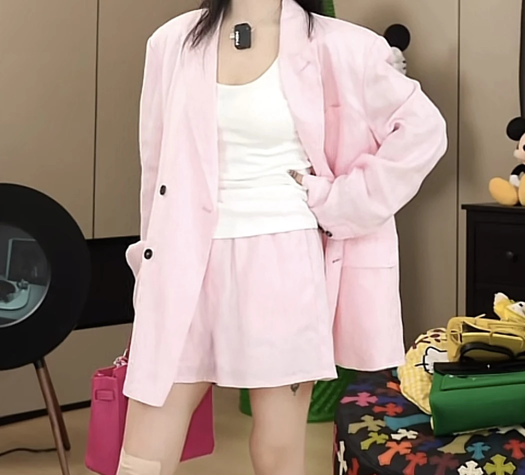 【劉發發】V213【粉色西服】新款韩版百搭时尚休闲亚麻西服