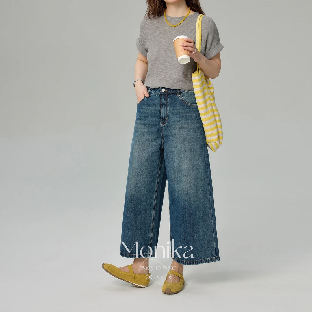 大码女装2025夏季新款复古牛仔中裤女宽松阔腿裤子75979