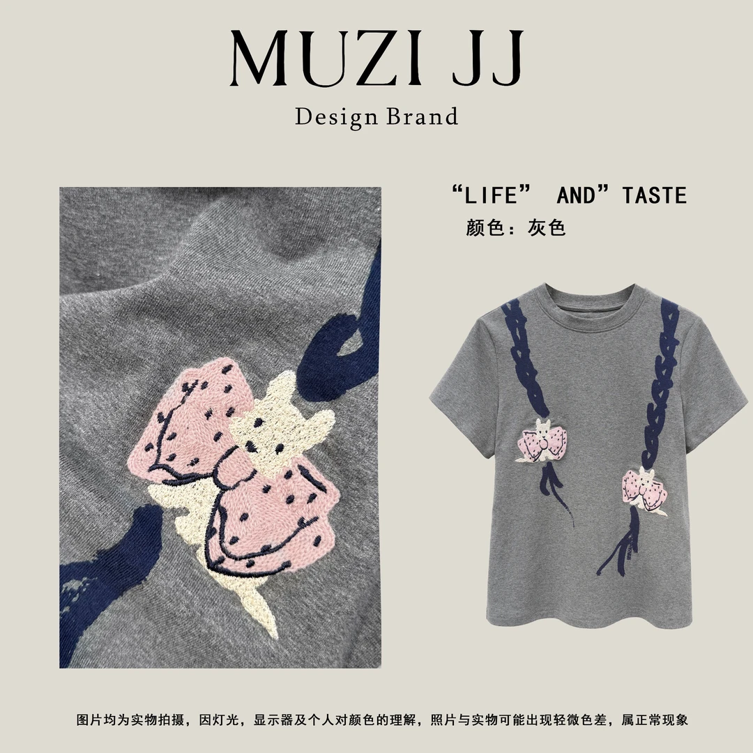 MUZI原创-独特设计感麻花辫蝴蝶结印花圆领短袖T恤29779