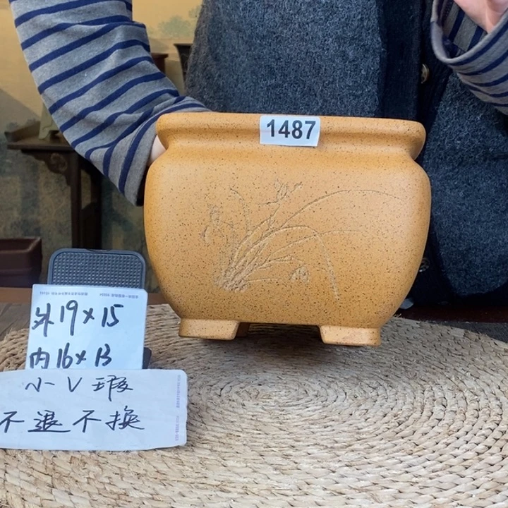 紫砂花盆  微微瑕柴烧束口方孤品1487