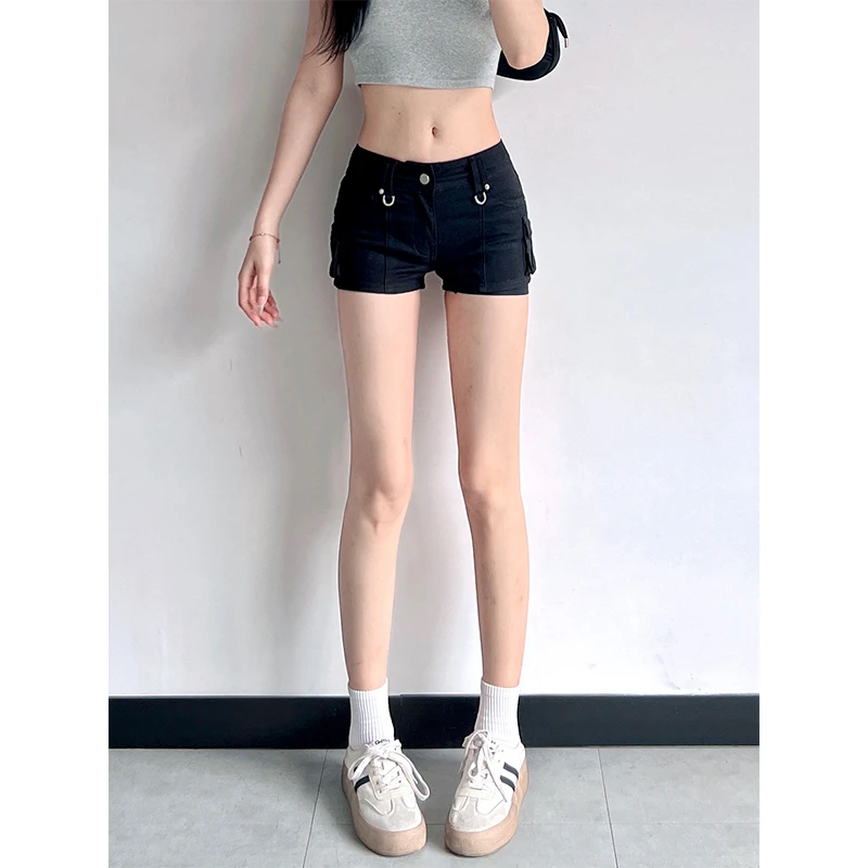 美式复古黑色低腰修身牛仔超短裤女2025夏季新款百搭显瘦辣妹热裤