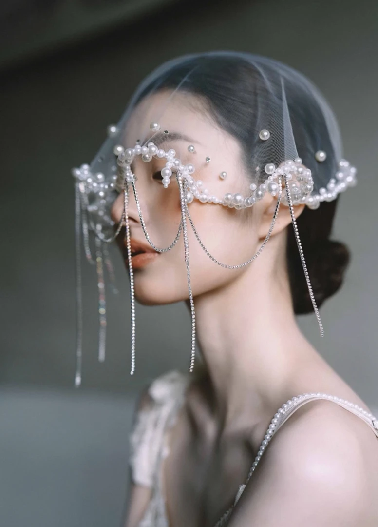 2910重工手作款 “复古珍珠面纱”盖头纱新娘头饰