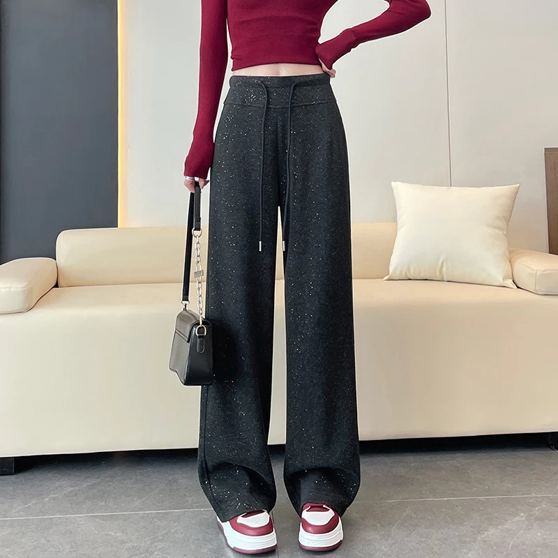 黑色窄版阔腿裤女春秋2025新款高腰垂感显瘦宽松糯米直筒拖地长裤