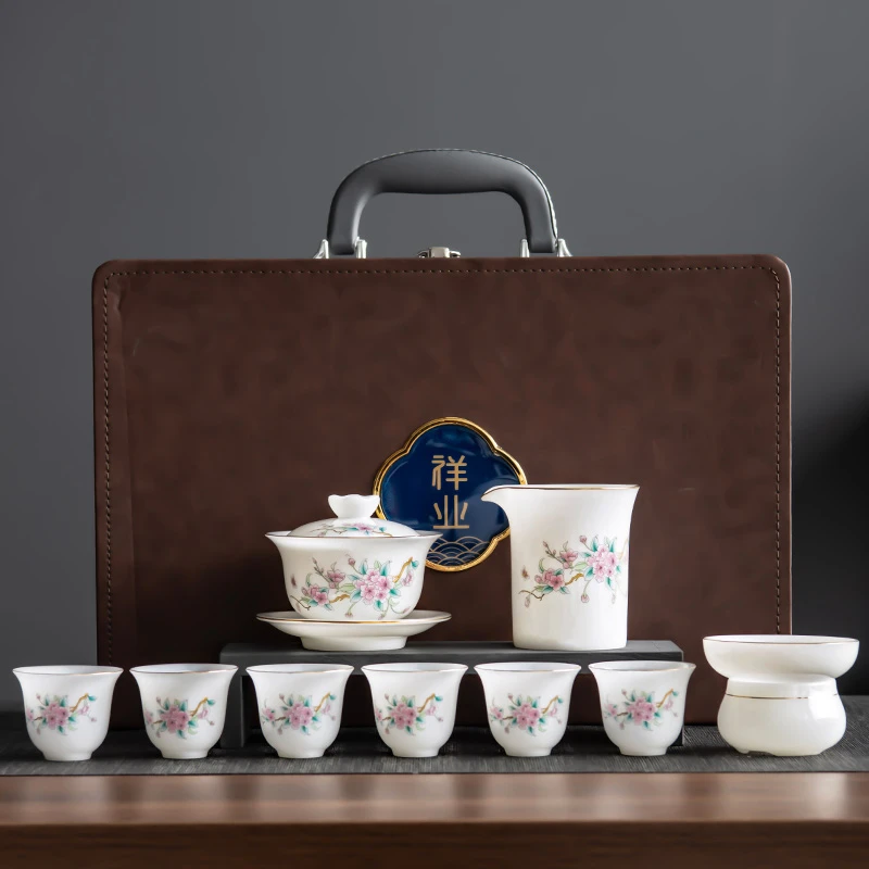 女士洋气茶具轻奢高档礼物冰种玉瓷桃花枝茶具礼盒套装中式伴手礼