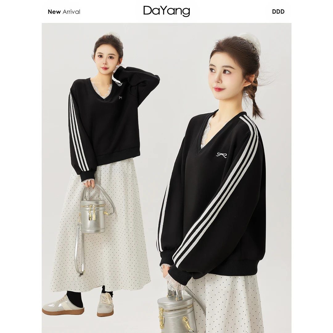 120斤的大杨 美式蕾丝花边v领卫衣女2025春季新款小个子宽松上衣