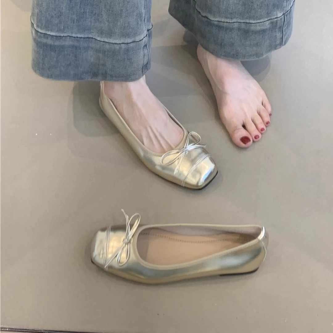 法式小香风蝴蝶结浅口芭蕾单鞋女2025夏季百搭方头温柔平底奶奶鞋