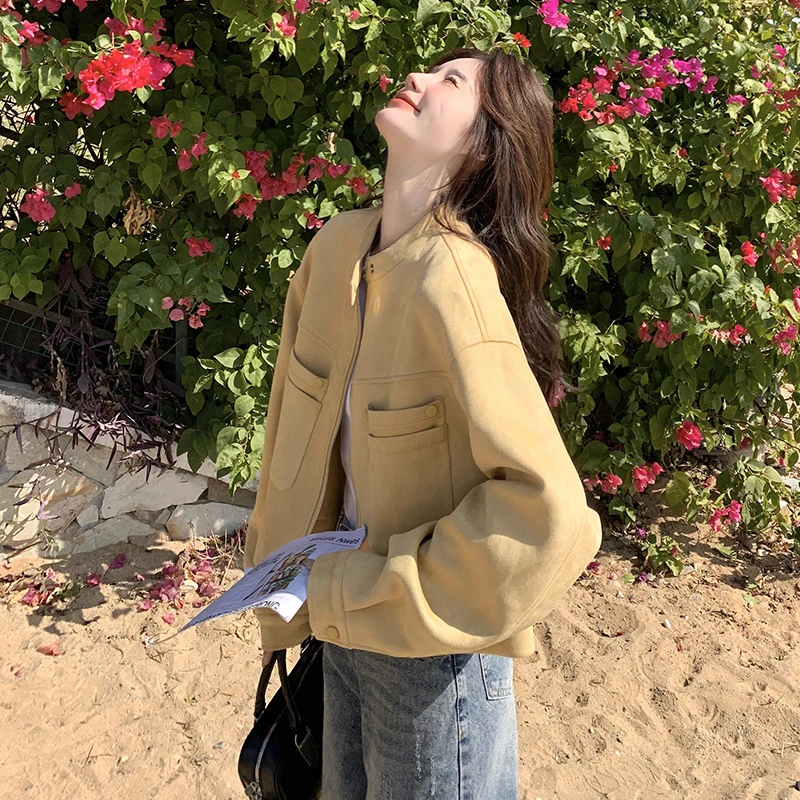 黄色麂皮绒短款夹克外套女2025春季新款小个子流行气质上衣高级感