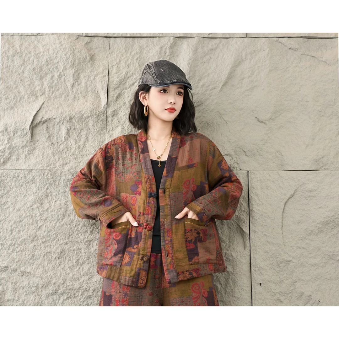 8792新款春秋季复古宽松百搭盘扣新中式文艺上衣印花休闲长袖外套