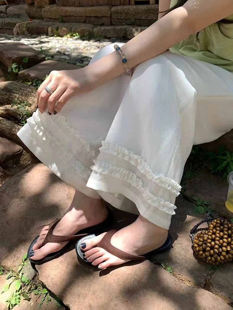 小雅姐姐  韩版甜美风琴花边垂感直筒休闲阔腿裤IX71