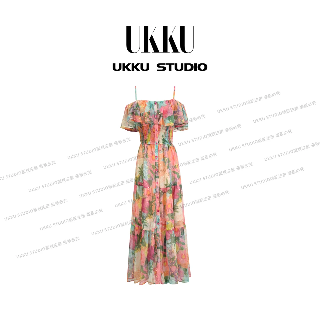 秀秀【UKKU STUDIO】轻奢设计师收腰碎花吊带都市庄园连衣裙614315