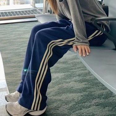 春夏蓝色运动风慵懒显瘦侧条纹韩系百搭抽绳松紧腰休闲直筒卫裤女