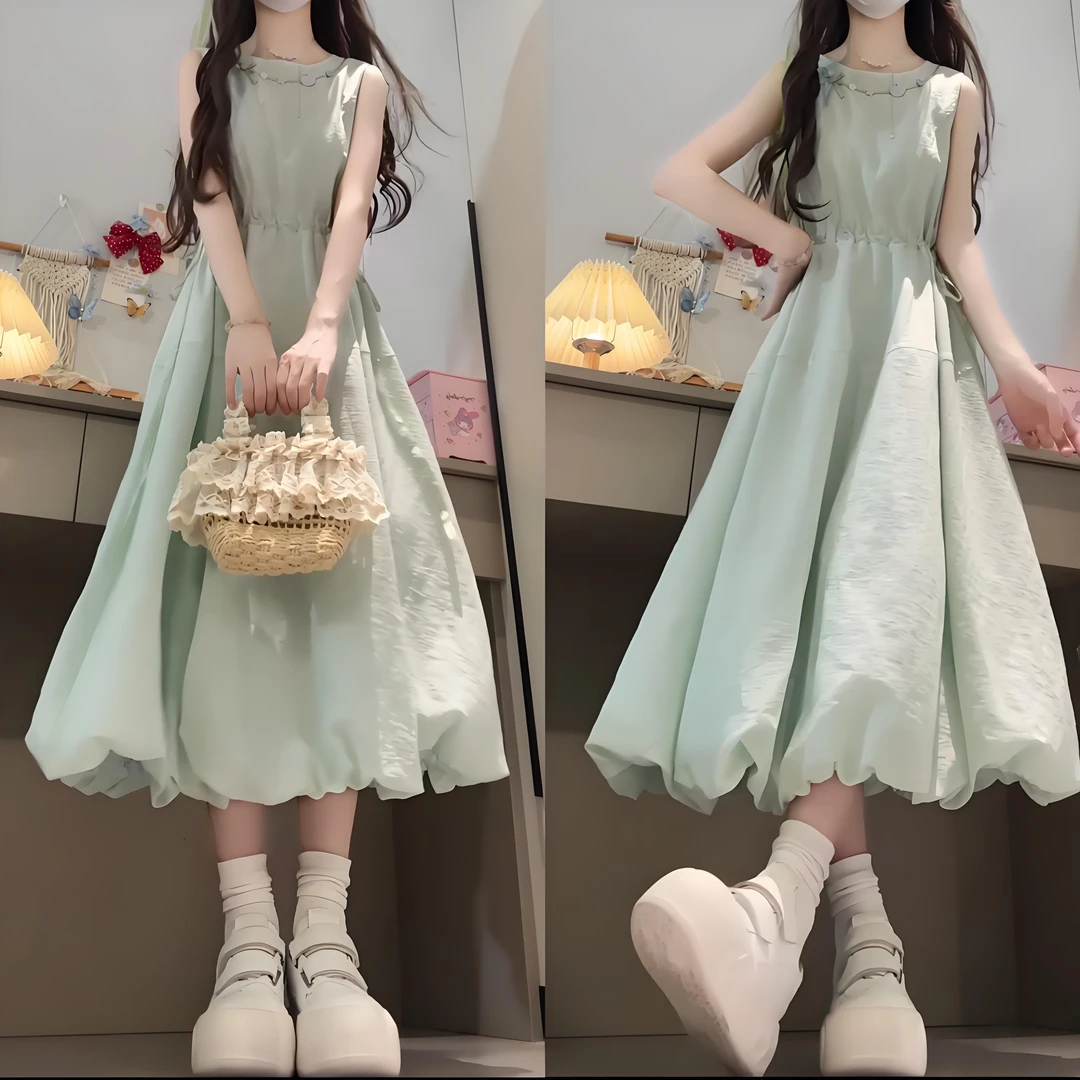 法式甜美薄荷绿背心连衣裙女夏小个子新款蝴蝶结收腰花苞长裙子
