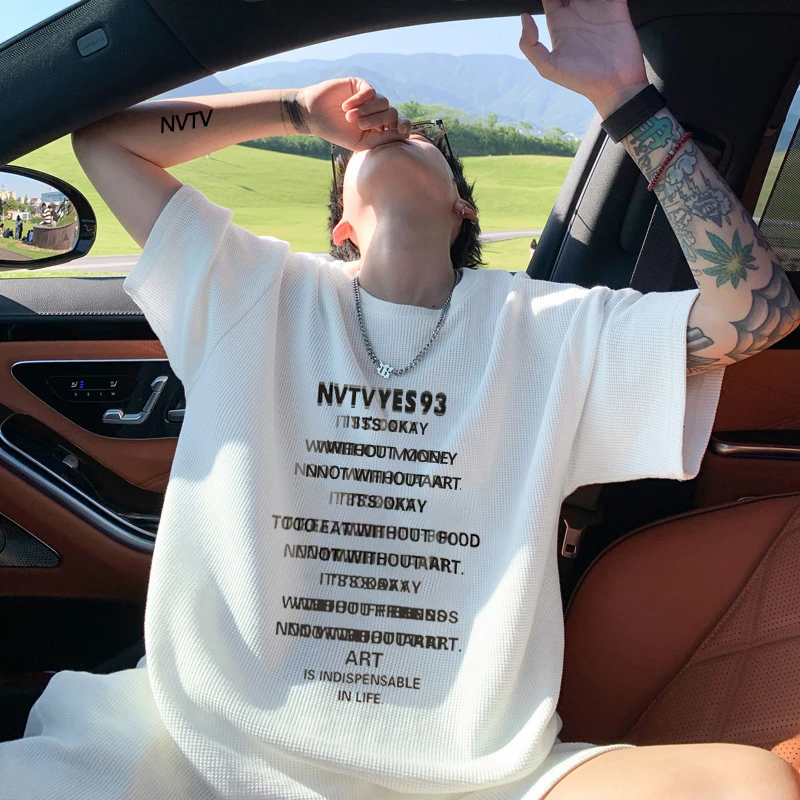 华夫格T恤短袖男夏季重磅潮流男装宽松情侣体恤休闲大码学生上衣