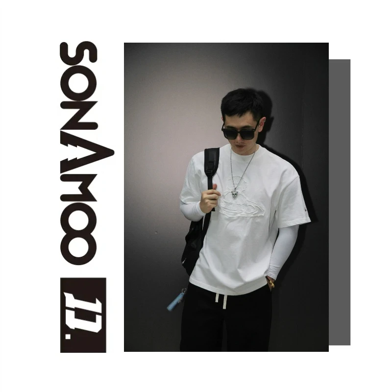 【D18811】sonAmoo图案贴布绣百搭圆领男T恤夏季休闲D18811