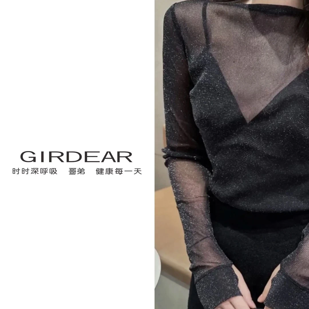 GIRDEAR/哥弟带葱丝网面料网纱薄款小圆领修身T恤1300959