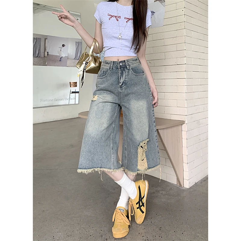 美式破洞毛边七分牛仔裤女夏季阔腿设计感八分中裤直筒梧桐短裤子