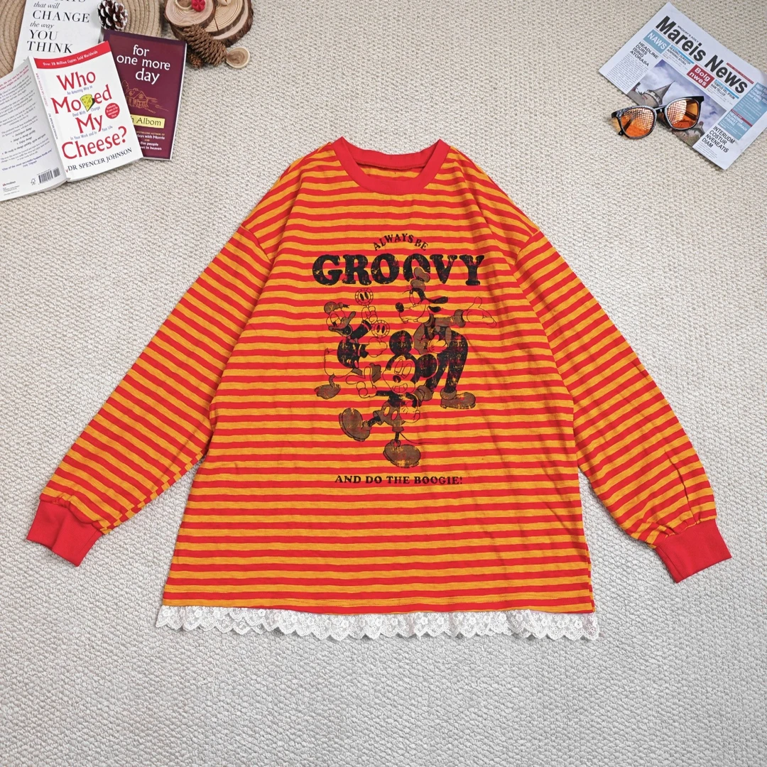 2024秋季新款休闲时尚百搭条纹拼蕾丝打底长袖T恤8652