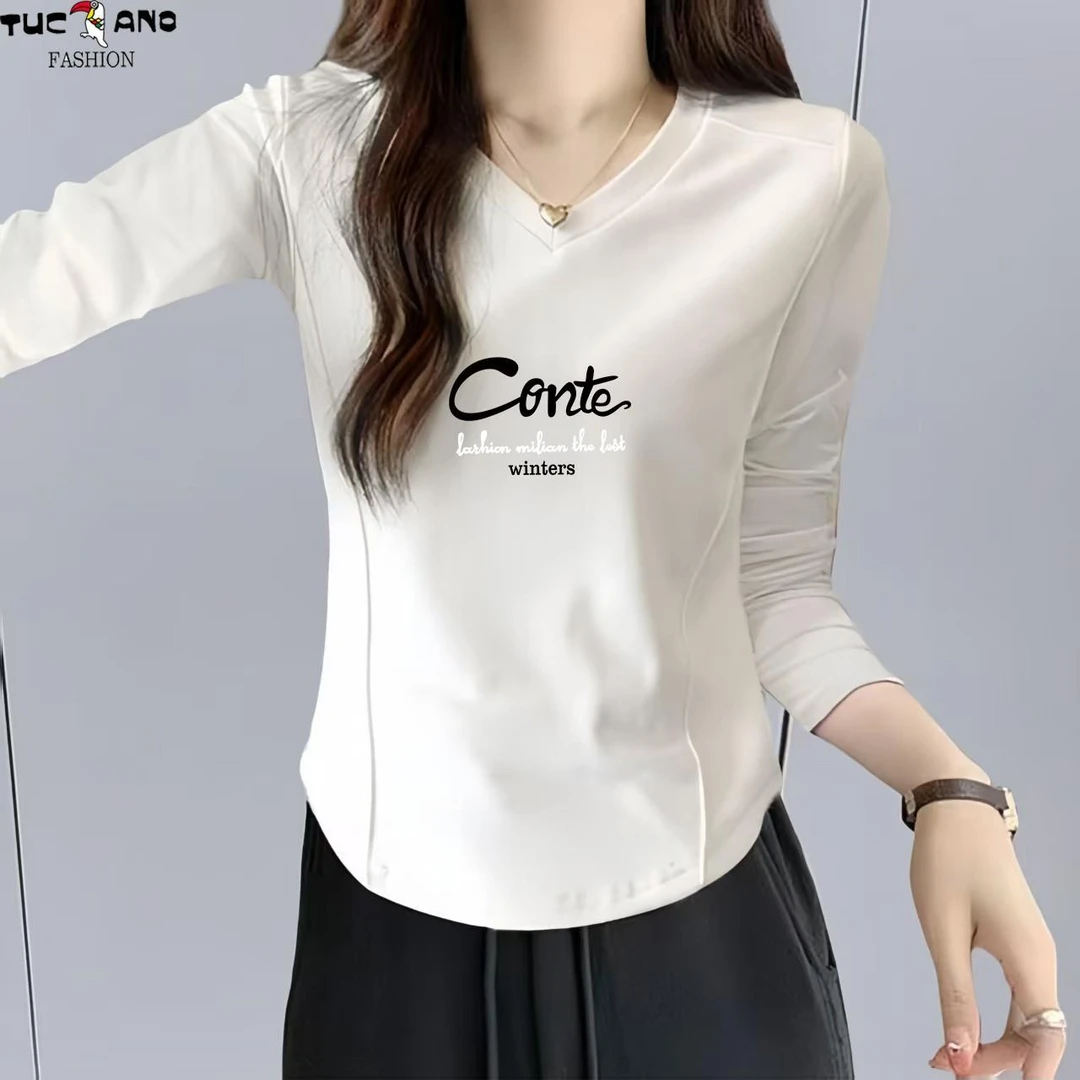 啄木鸟V领时尚设计妈妈款打底衫女春季长袖T恤小个子内搭显瘦短款