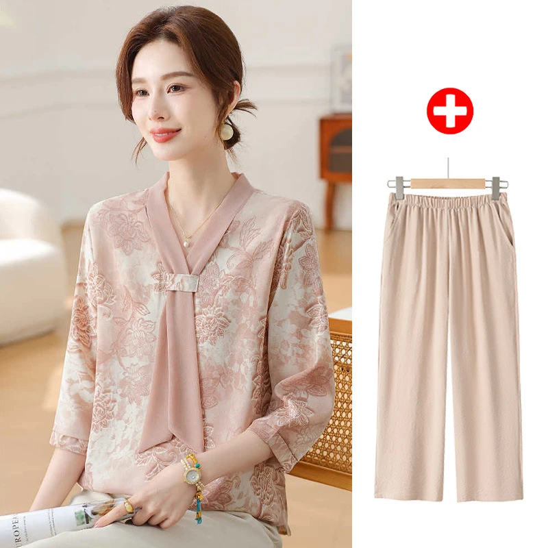 中老年女上衣半袖妈妈装2025新款气质T恤夏季减龄七分袖时尚小衫