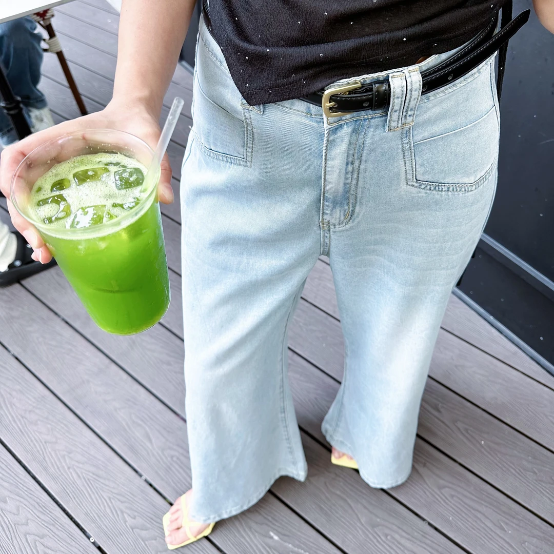 莱赛尔天丝简约海盐蓝微喇牛仔裤女夏季高腰不贴腿宽松拖地裤子