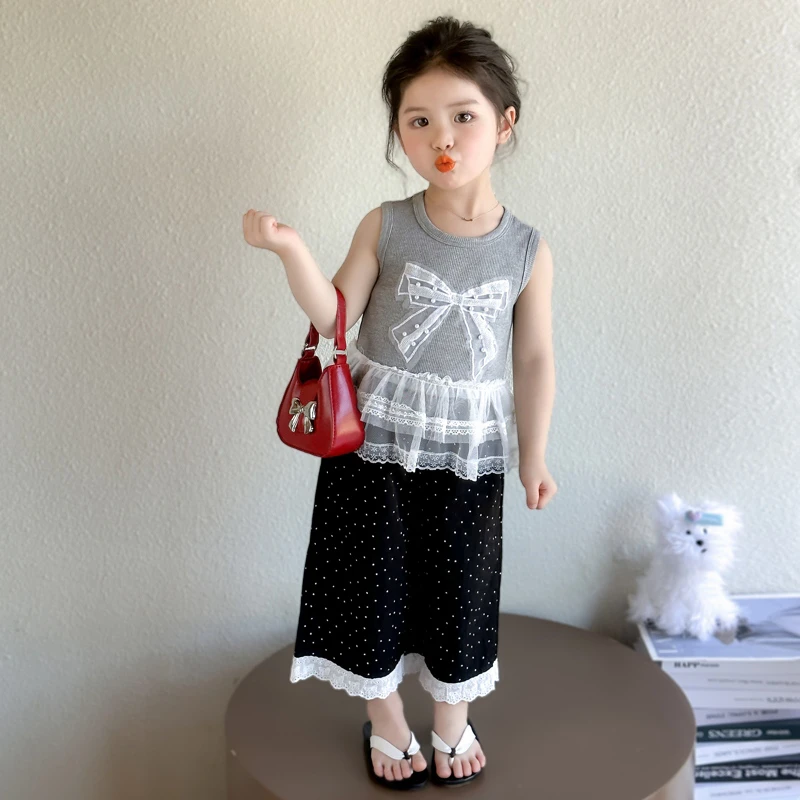 女童花边无袖套装洋气儿童夏季新款女宝宝阔腿裤两件套小女孩时髦