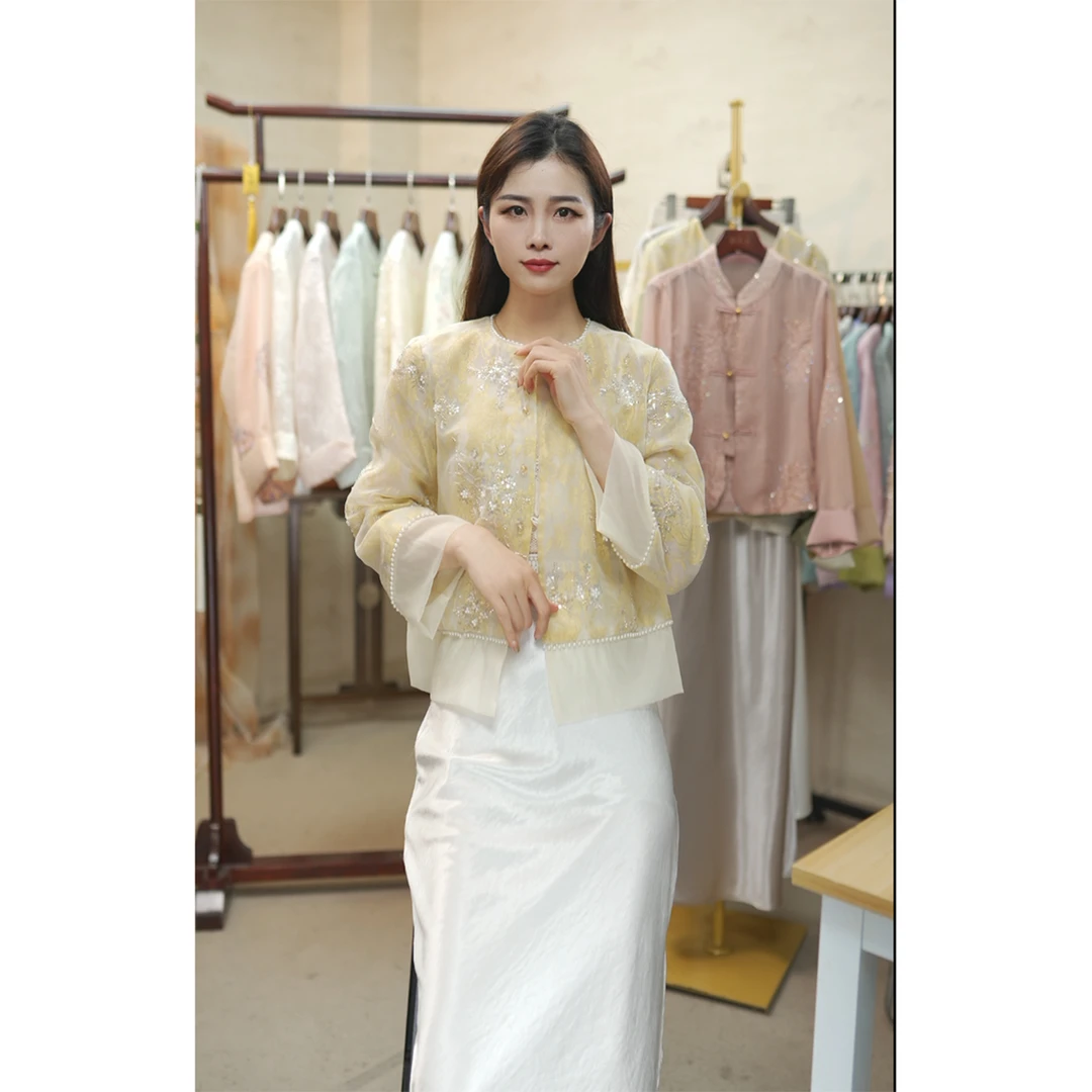 【玉星河】重工亮片国风外套女2025年新款新中式复古薄款百搭上衣