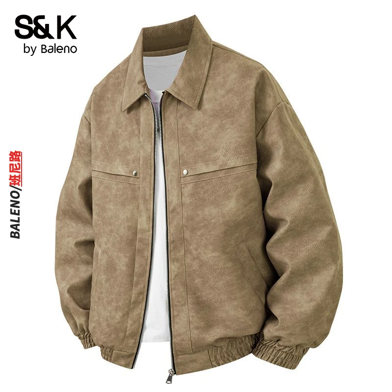 班尼路美式皮衣男秋冬季加绒加厚翻领皮夹克高级感痞帅机车风外套