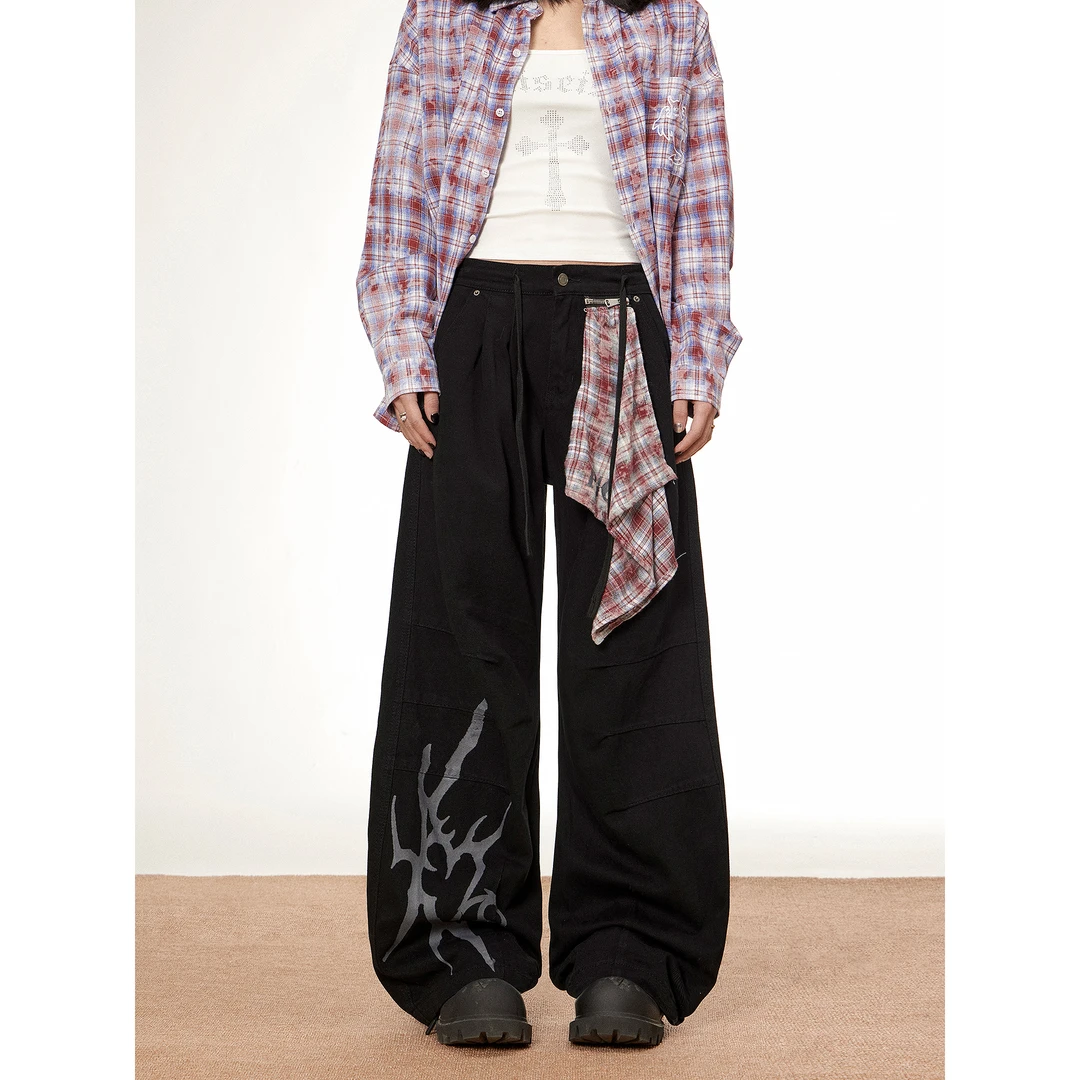 梁拌泡菜 幽灵蛇头图藤方巾 美式工装裤男女宽松显瘦阔腿牛仔裤