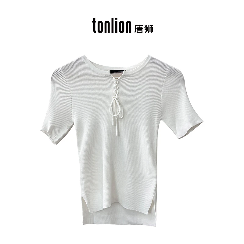 唐狮夏季撞色气质通勤针织衫圆领女装不规则上衣123227042710