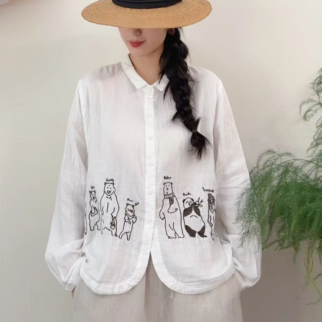 卡通刺绣减龄长袖衬衫女秋季新款宽松短款上衣内搭专用