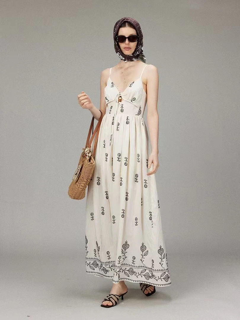 【ZS推荐】LACERTA 新品印花飘带贝壳流苏泡泡吊带连衣裙LWT01DB18