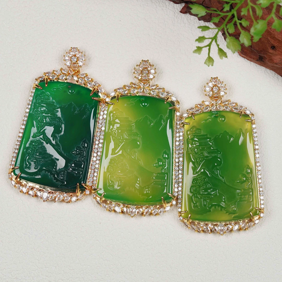 天然玉石 时尚甄选款满绿山水牌吊坠SSH02-4 多样性发其一