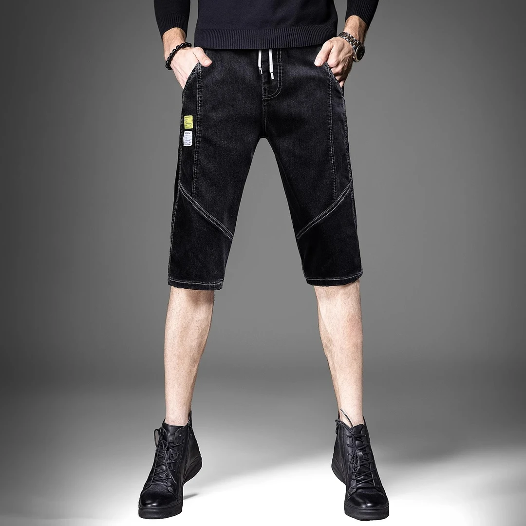 符腾野堡马潮牌黑色七分牛仔裤男士夏季薄款休闲宽松直筒弹力短裤