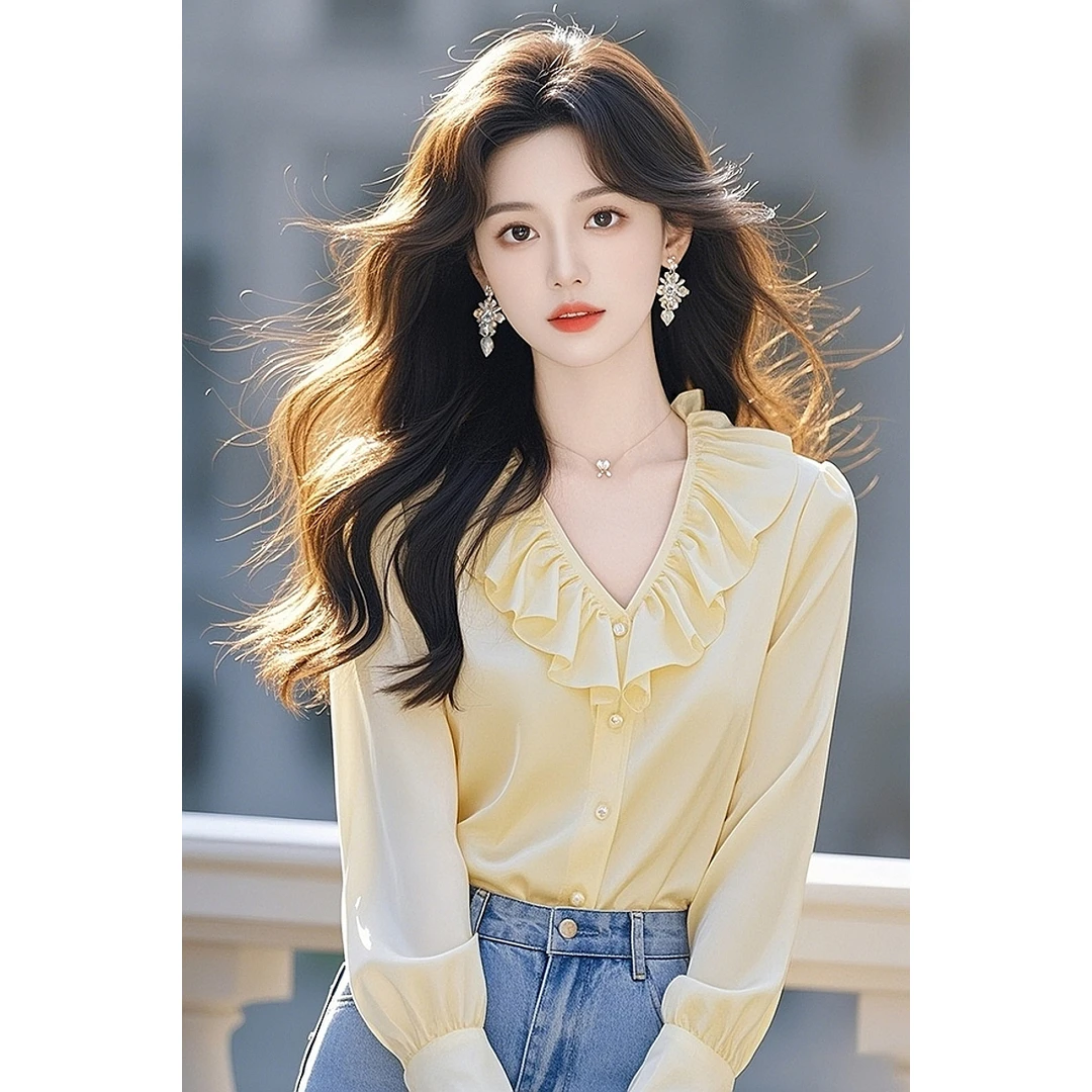 今年流行漂亮独特超好看上衣小个子黄色荷叶边衬衫女早春2025新款