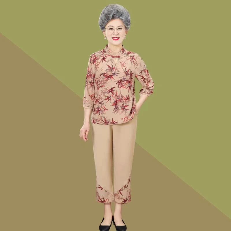 9026-奶奶夏装套装妈妈上衣七分袖衬衫夏季女二件套【B仓东货架】