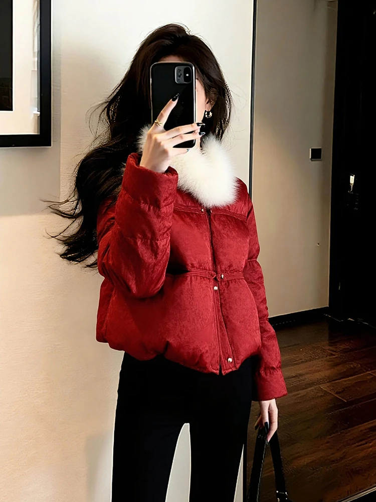 新中式红色毛领棉服外套女2025冬季新款小众设计感面包服保暖上衣