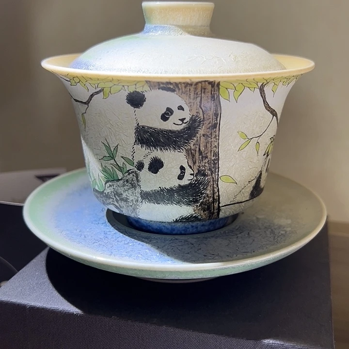 手绘小熊猫盖碗重工