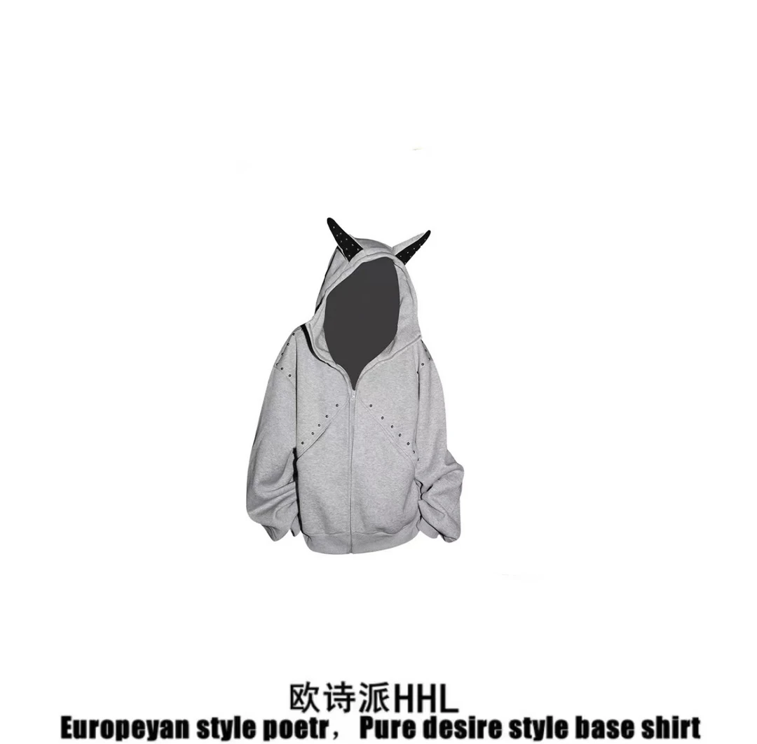 美式拼接铆钉杜宾犬耳朵连帽卫衣女款秋季甜酷风设计感情侣短外套