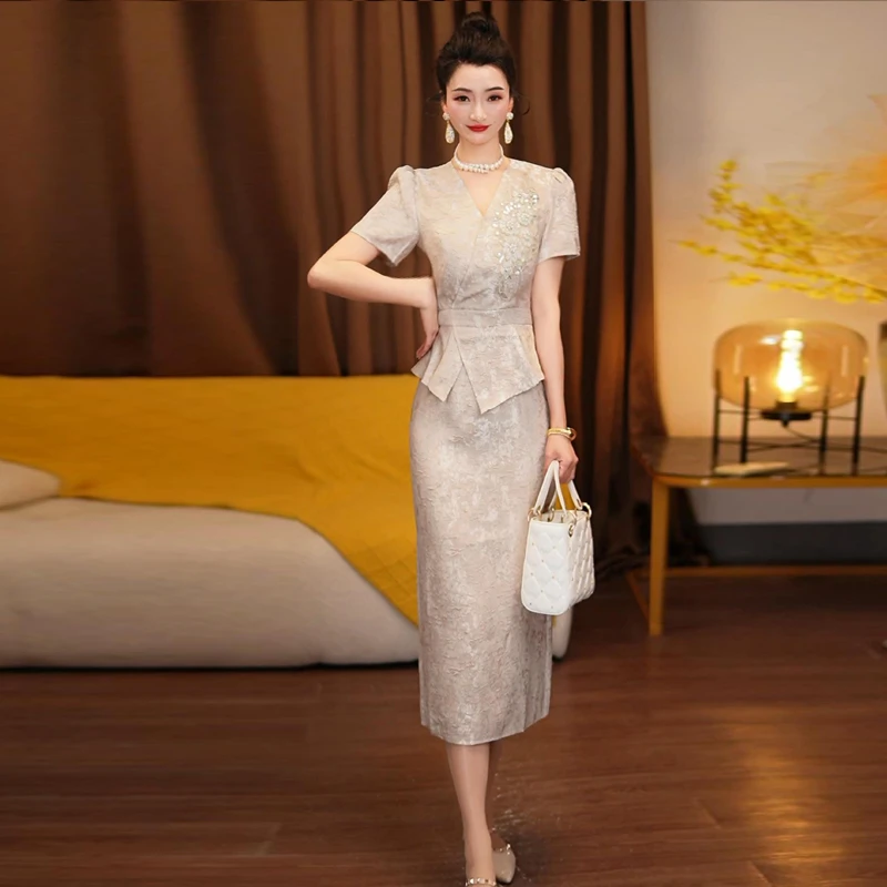 短袖斜裁中长款连衣裙夏季新款女装洋气时髦气质假两件包臀裙3339