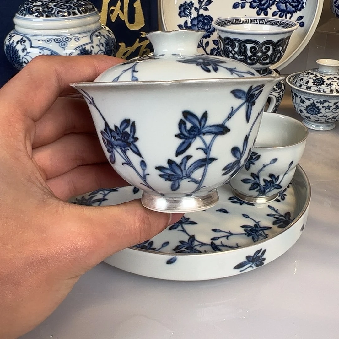 杯子瓷元煦窑幽兰花描银盖碗