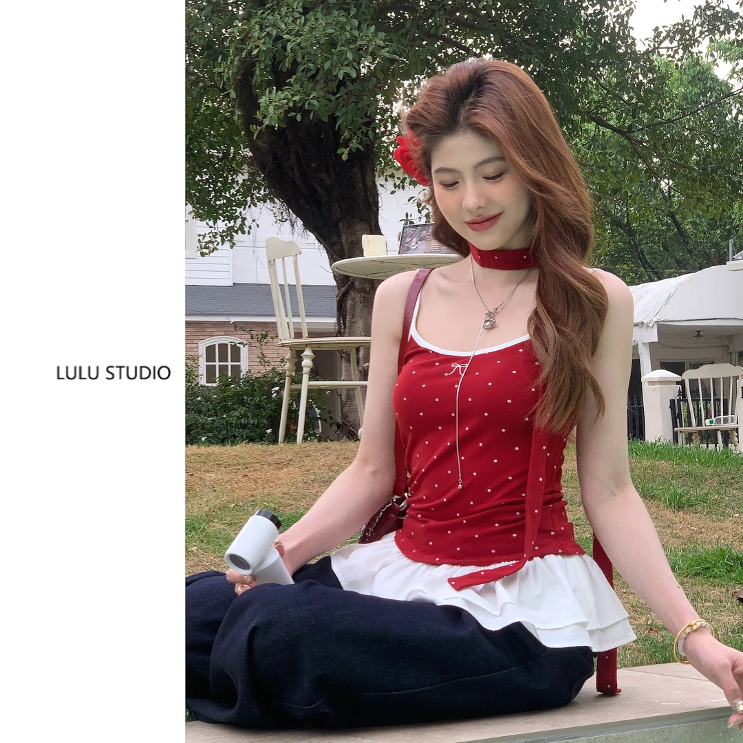 【V3鹿鹿】韩系纯欲时尚百搭休闲拼接百褶边背心吊带 V38701