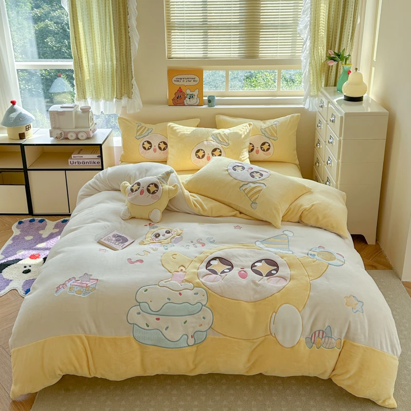 卡通加厚牛奶绒主卧四件套可爱珊瑚绒被套宝宝绒床单儿童女孩冬季