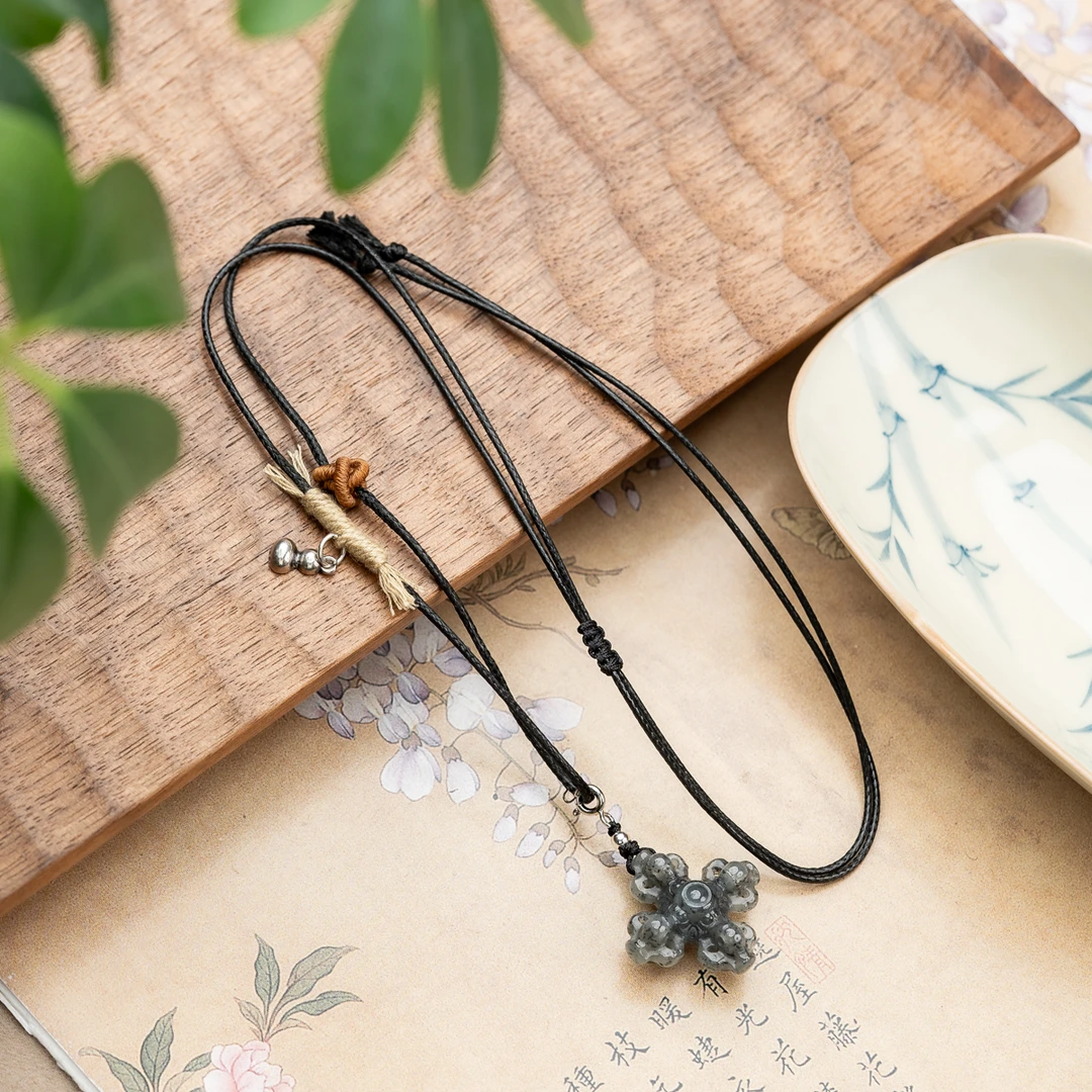 和田玉烟紫点墨青花金刚宝杵皮绳脖挂项链葫芦非遗手工绳新中式