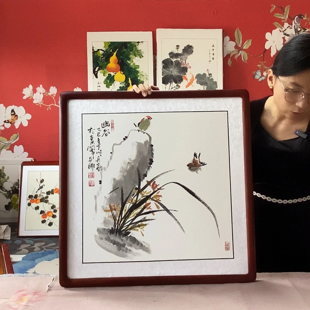国画手写手绘国画作品带框包邮62✖️62