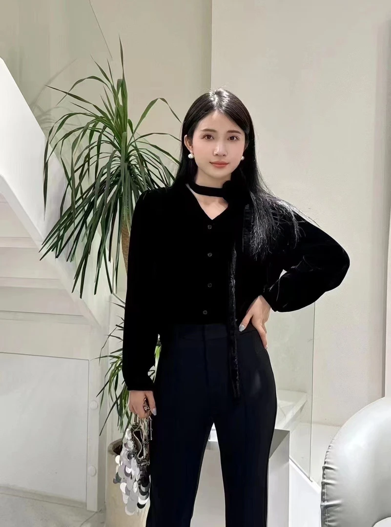 INLIFE  法式复古丝绒衬衫气质上衣 8279