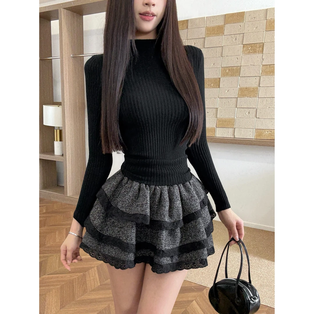 法式蕾丝拼接荷叶边松紧高腰蓬蓬蛋糕短裙a字半身裙子套装显瘦