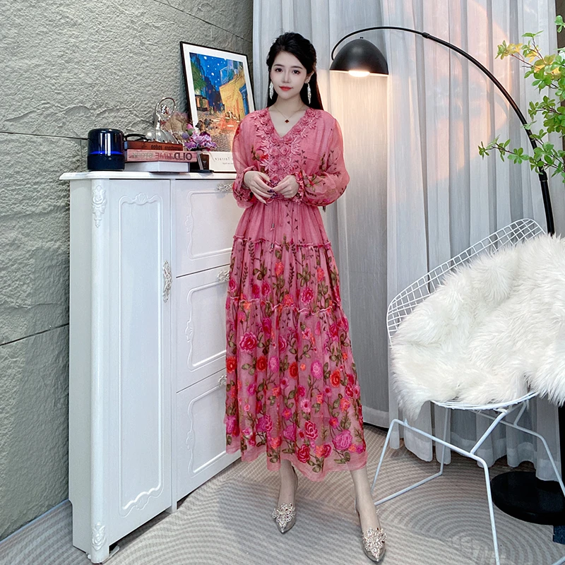 Bikamo/比卡陌早春新款长袖收腰碎花真丝连衣裙A字裙L9193-1粉色